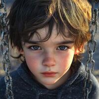 Portrait of a boy on a swing set with captivating eyes and a serious expression in a playground during golden hour photo