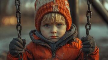 Young child swings thoughtfully in a park during a chilly afternoon wearing a cozy hat and jacket photo