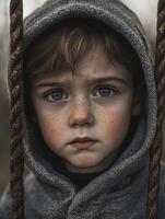 Young child with intense gaze in grey hoodie, captured in a moment of contemplation on a swing set during dusk photo