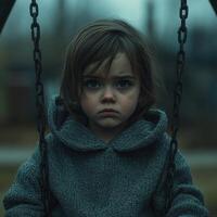 Child sitting on a swing in a desolate playground on a gloomy day, evoking a sense of isolation and contemplation photo
