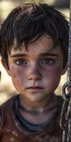Child with expressive eyes stands near rusty chains in a sunlit outdoor setting during the late afternoon photo