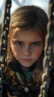Young girl with piercing blue eyes gazing from behind playground chains in soft evening light photo