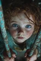 Young child gazing through rusted bars with striking blue eyes and freckled face in an atmospheric setting photo
