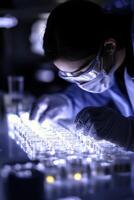 Scientist examines samples with care in a high-tech laboratory during evening research hours photo