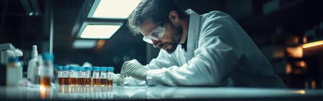 Scientist conducting research in laboratory focused on test samples in glass vials during evening hours photo