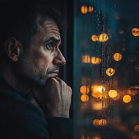 Reflective man gazes out rainy window at illuminated cityscape during evening hours photo
