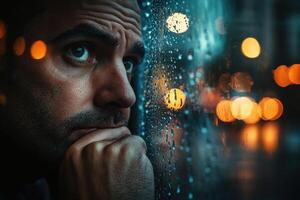 Man gazing thoughtfully through a rain-soaked window at city lights during a rainy evening photo