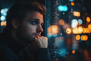 Thoughtful man gazes through rain-streaked window at city lights during a quiet evening photo
