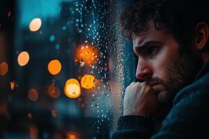 Man gazes thoughtfully out of a rainy window during an evening in the city reflecting on his emotions and life choices photo