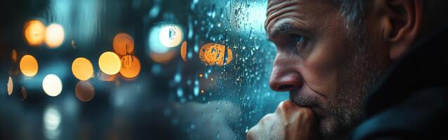 Man reflects thoughtfully by a rain-soaked window at night in a bustling city photo