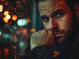 Moody contemplation of a man gazing out at a rainy urban evening with colorful bokeh lights photo