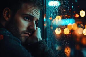 Reflective moment of a man gazing outside on a rainy night in a bustling cityscape filled with colorful lights photo