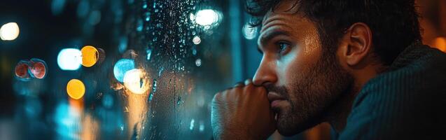 Contemplative man gazes through rain-streaked window on a city night, lost in thought photo