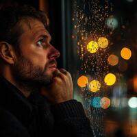 Contemplative man gazes out the window on a rainy night in a city, surrounded by glowing street lights and reflections photo