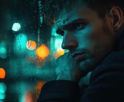 Man gazes thoughtfully through rain-soaked window at night with city lights illuminating his pensive expression photo