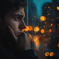 Contemplative young man gazes out of window during a rainy evening in the city with glowing lights in the background photo