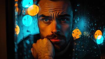 Man looks contemplative through a rainy window at night while city lights glow in the background photo