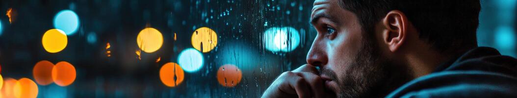 Pensive man gazes out of a rain-soaked window while contemplating life in a dimly lit urban setting photo
