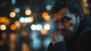 Contemplative man gazes through a rainy window at blurred city lights in a quiet moment of introspection photo