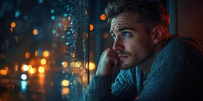 Man gazes thoughtfully out a rain-soaked window on a cozy evening in an urban setting photo