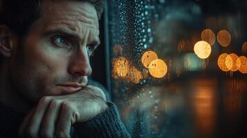 Man gazes thoughtfully out a rain-soaked window while city lights blur in the background during a quiet evening photo