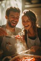 Couples cooking fun in a cozy kitchen during an afternoon gathering filled with laughter and shared moments photo