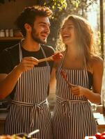 Couple cooking together in a sunlit kitchen, enjoying their time and laughter while preparing a meal photo