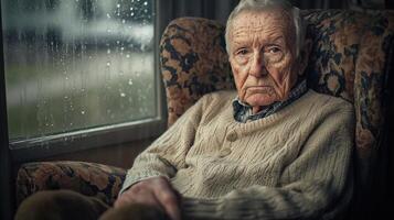 Elderly man sitting in a cozy chair by a rain-soaked window in a dimly lit room during a rainy afternoon photo