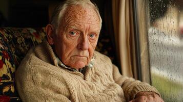 Elderly man gazes thoughtfully through a rainy window while sitting on a floral-patterned couch in his cozy living room photo
