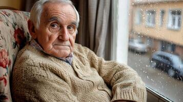 Elderly man looking pensively out the window during a rainy day in a cozy room photo