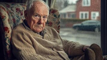 Elderly man sitting in a cozy armchair by the window on a rainy day reflecting on memories and experiences photo