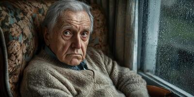 Elderly man gazes thoughtfully out of a rain-soaked window on a quiet afternoon at home photo