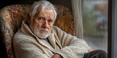 Elderly man sitting in a cozy chair by the window on a rainy day, reflecting on memories and life experiences photo