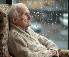 Elderly man reflecting by the window during a rainy day in a cozy living room setting photo