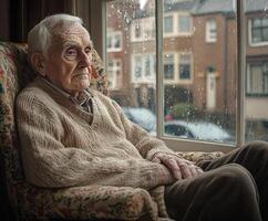 Elderly man gazes pensively out the window during a rainy afternoon in a cozy living room photo