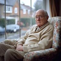 Elderly man sitting thoughtfully by a rain-soaked window in a cozy room during a dreary afternoon photo