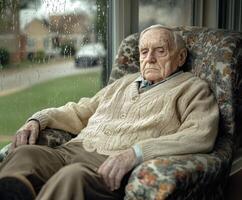 Elderly man sitting quietly in a cozy chair by the window on a rainy afternoon photo