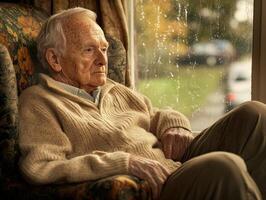 Elderly man in cozy sweater gazes thoughtfully out of a rainy window during autumn afternoon photo