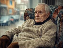 Elderly man sits thoughtfully in a cozy chair while rain falls outside on a chilly day photo