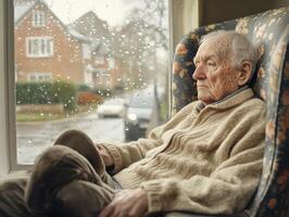 Elderly man gazes thoughtfully out the window while rain falls in a cozy living room during a cloudy day photo