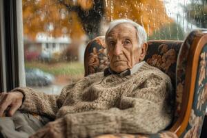 Elderly man sitting in a cozy chair by a rainy window on a calm autumn day photo