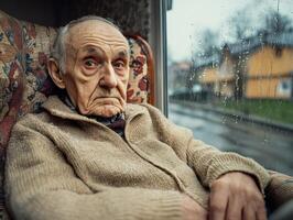 Elderly man sits quietly by the window on a rainy day, reflecting on memories in a cozy living room setting photo