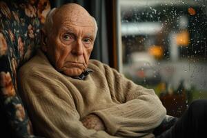 Elderly man sitting thoughtfully by a rain-soaked window in a cozy armchair during a quiet afternoon photo