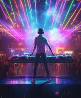 Energetic DJ performance with vibrant lasers illuminating a lively nightlife crowd at a music festival photo