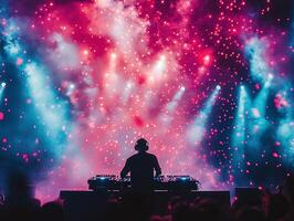 Exciting dj performance with colorful lights at a vibrant music festival photo