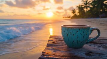 Morning coffee by the beach at sunrise with gentle waves and palm trees in the background photo