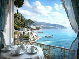 Scenic view from a balcony overlooking the coastline and ocean at a beautiful sunny day near Nice, France photo