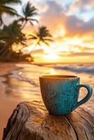 Sunset over a tranquil beach with a turquoise coffee cup resting on a wooden stump photo