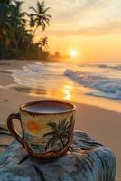 Enjoying coffee by the beach at sunrise with waves crashing and palm trees in the background photo