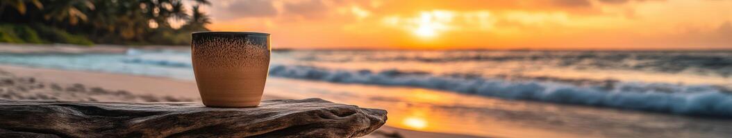 Enjoying a warm beverage during a tranquil beach sunset in a serene coastal setting photo